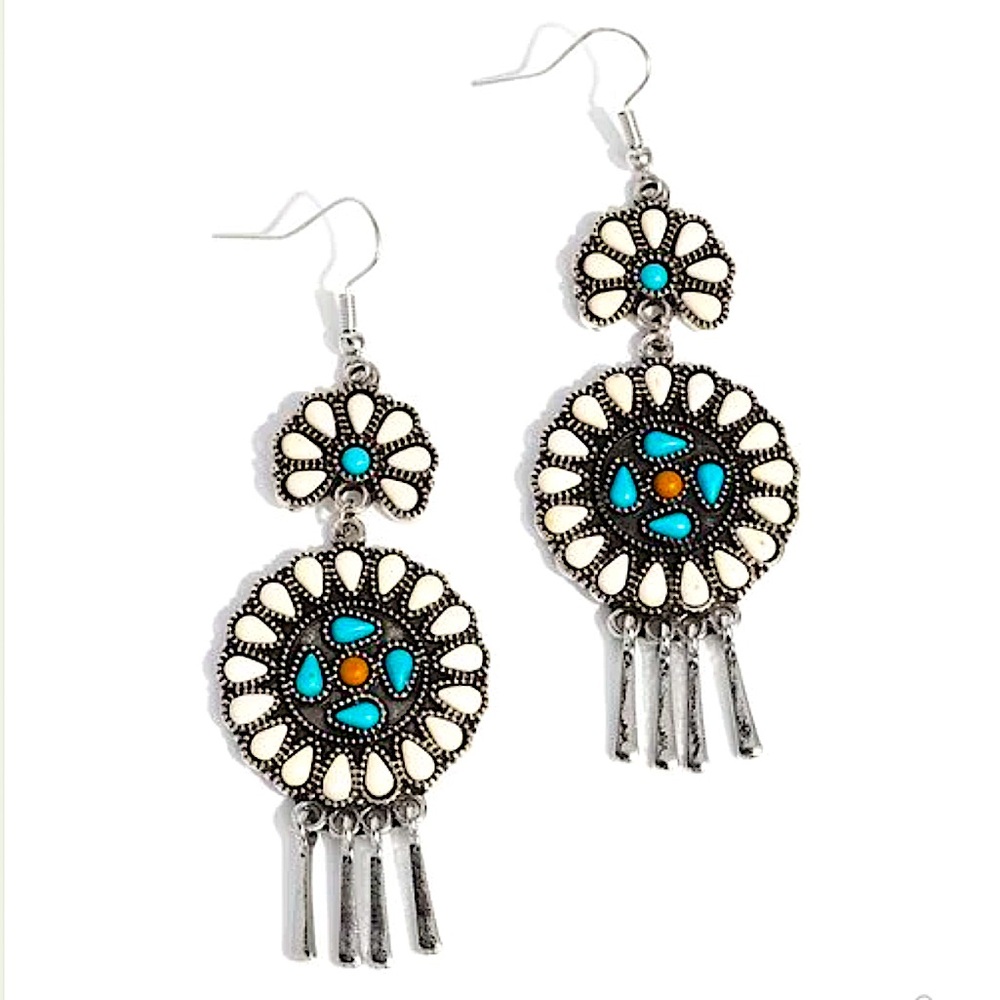 Boho Turquoise and White Stone Dangle Earrings - Picture 3 of 8